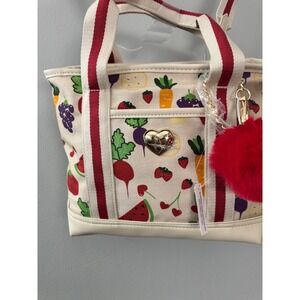 Betsey Johnson Fruit Print Mini Tote Crossbody Bag Cream Red Strawberry Pom NWOT